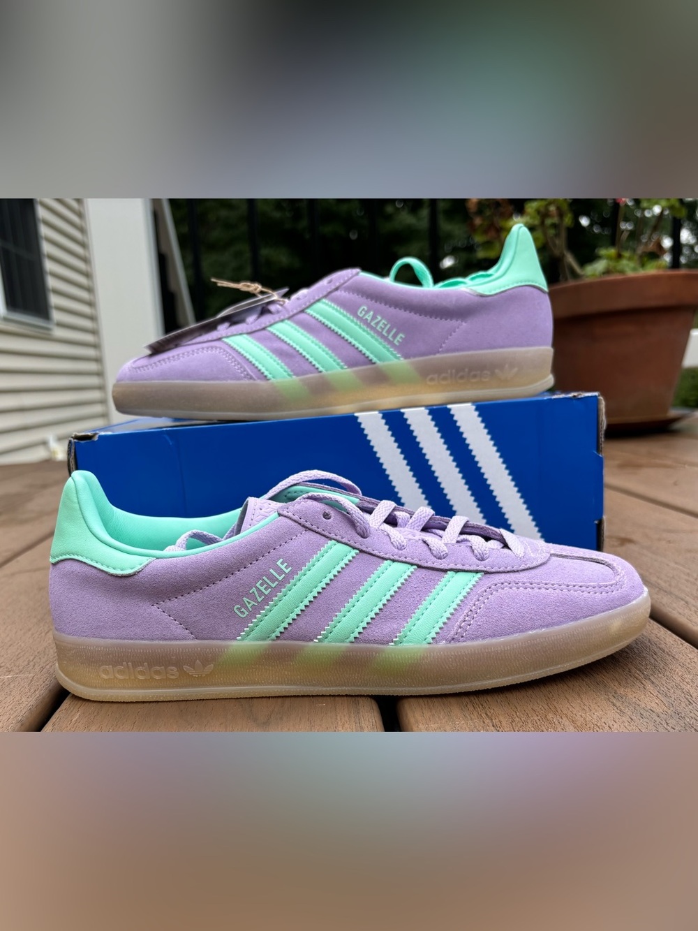 adidas Gazelle indoor in purple/teal colorway. Women’s 8.